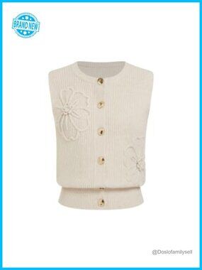 Sleeveless Floral Jacquard Sweater Vest Button Down Crew Neck